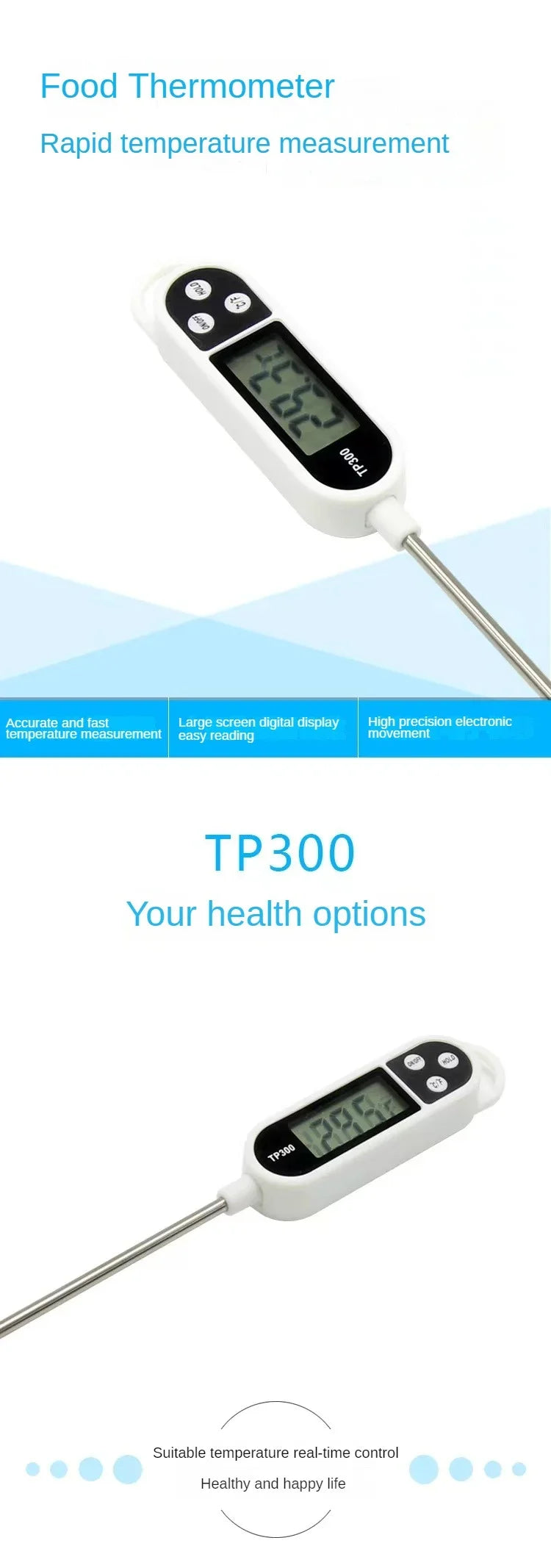 Digital Kitchen Thermometer LCD Display TP300 Electronic Food Thermometer LCD Display Digital Temperature MeasuringTool for Meat